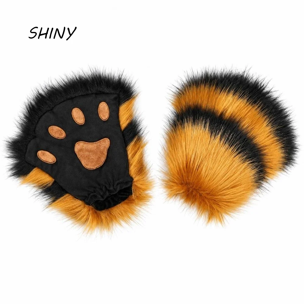 Catgirl Cute Cat Paw Gloves Fluffy Soft Cosplay Gloves Half-Finger Furry Plush Gloves Party
