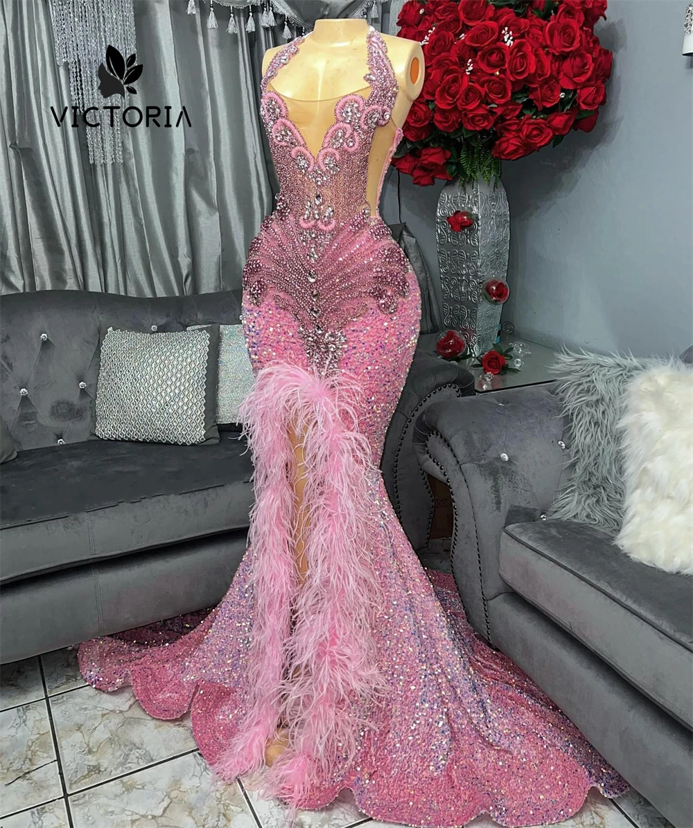 Pink Sequin Beaded Rhinestones Prom Dresses Black Girls Halter Feather Split 2025 Birthday Luxury Dress Meramaid Customized