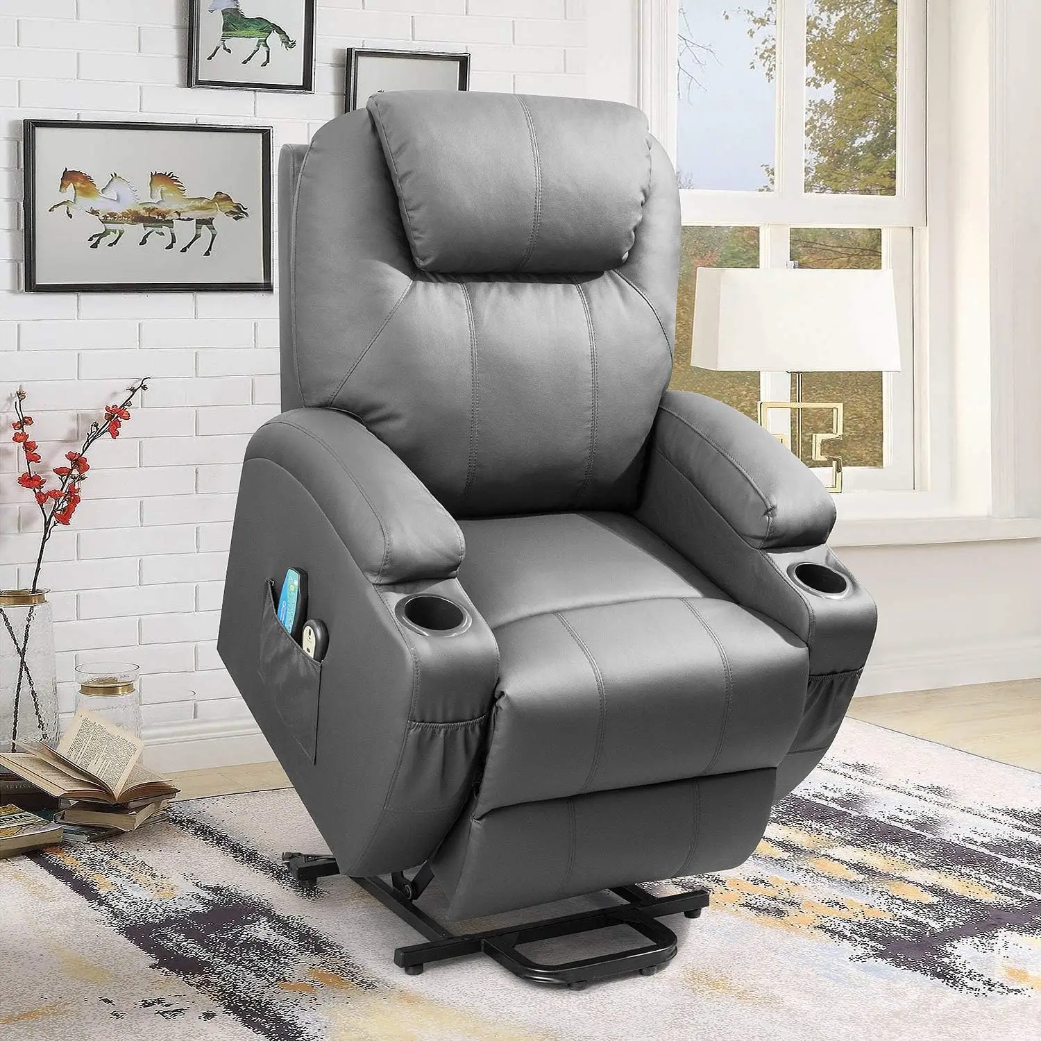 Power Lift Recliner Chair PU Leather for Elderly with Massage and Heating Ergonomic Lounge Chair Classic Single Sofa wi