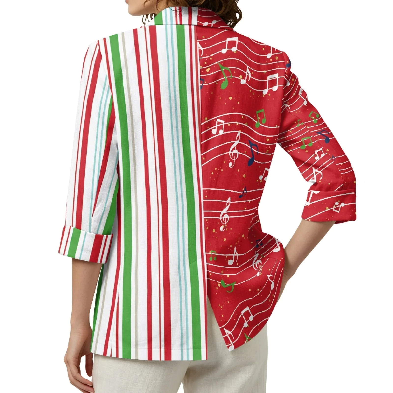 PENSTROLL Musical Note Stripe Open Front Button Cardigans Linen Style Daily Shrug for Women, Sizes S-3XL for Casual Office