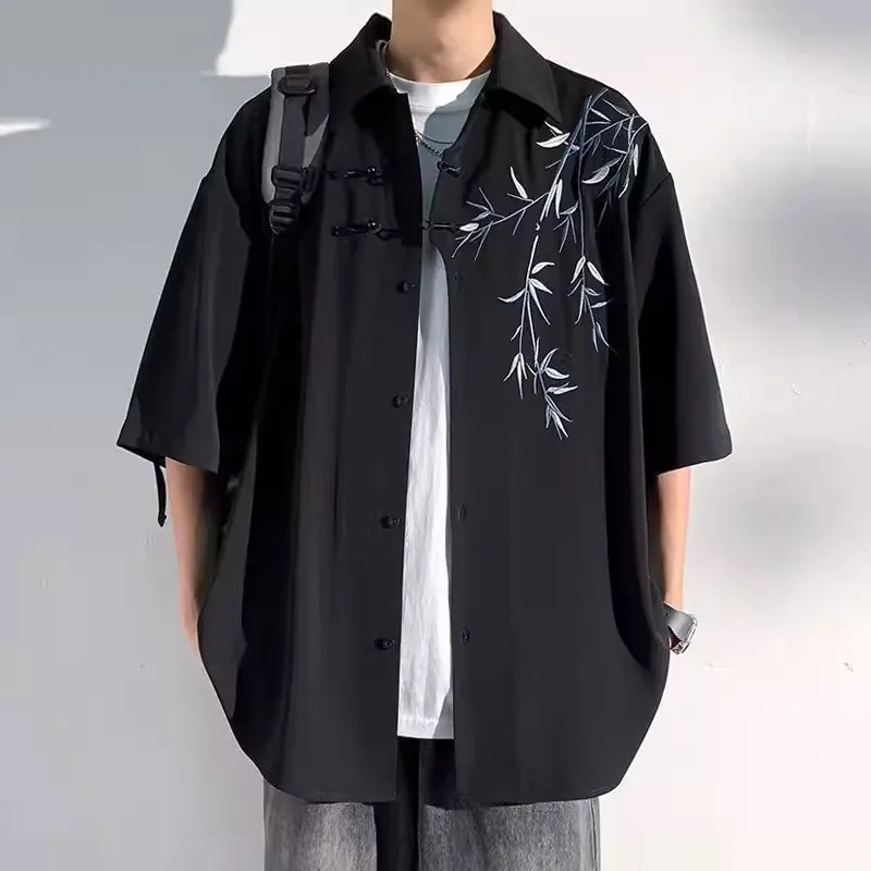 

Loose Fit Bamboo Embroidery Short Sleeve Men's Shirt Summer Casual Style Polyester Fiber Youth Popular Daily Wear