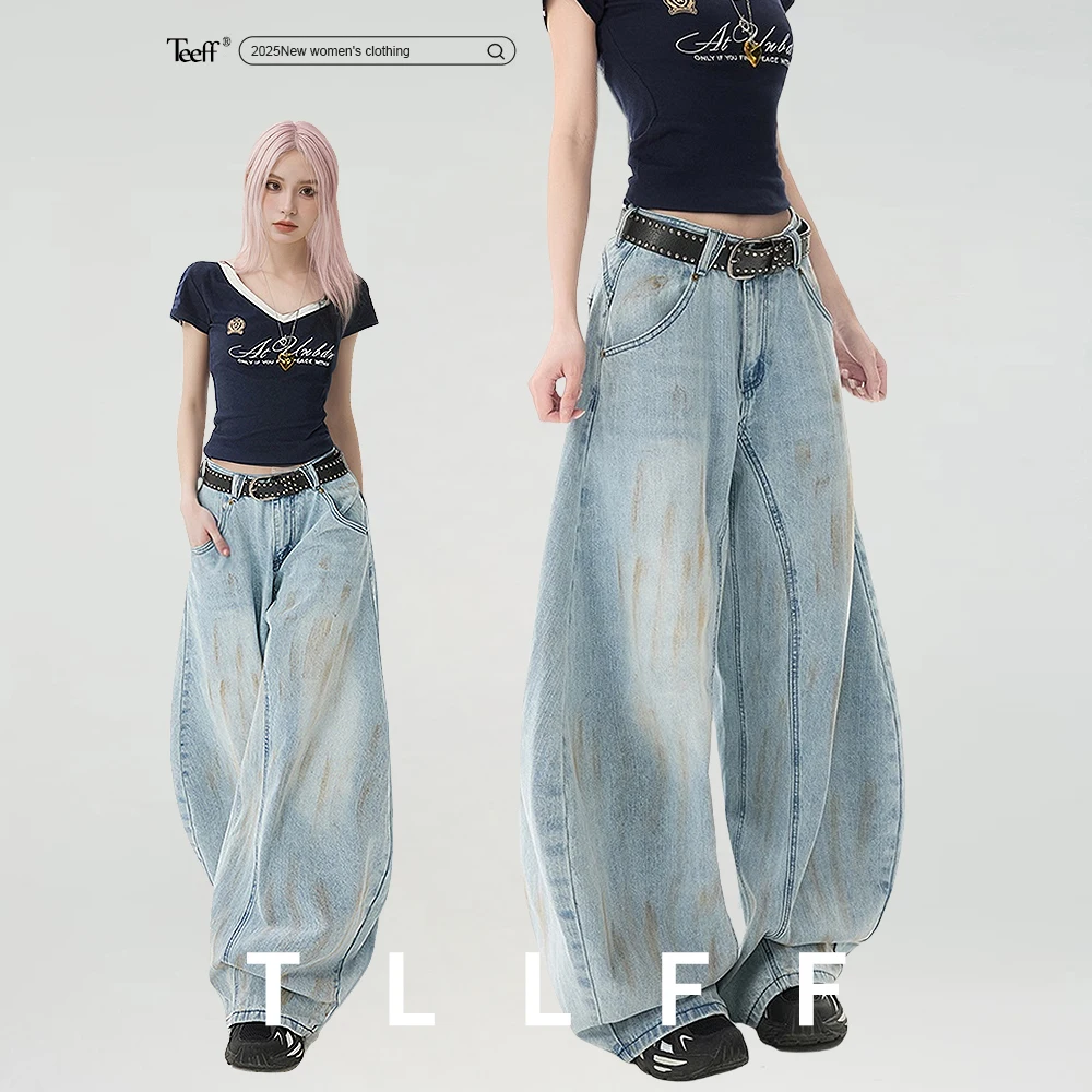 

Женские синие мешковатые джинсы со звездами Y2k, японский стиль 2000-х годов, джинсовые брюки-бойфренды, винтажные джинсовые брюки большого размера в стиле Харадзюку, осень 2025 г.