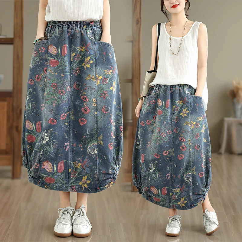 Elastic Waist Denim Half Skirt Women Spring Summer Bloom Skirt Large Size Floral Half Skirt Casual High Waist Cotton Jeans Skirt