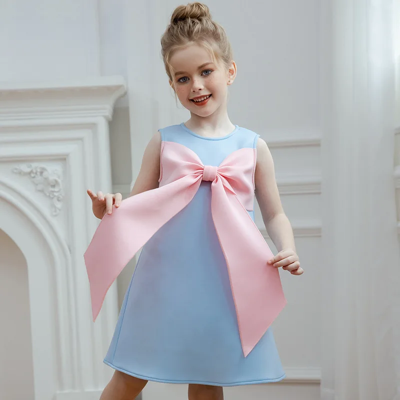 

Summer Hot selling new Pink Bow Dress Little Girl Birthday Party Piano Performance Dress Pure Cotton Blue Tank Top Sleeves Dress