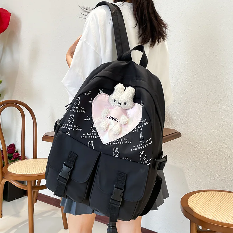 Sweet Cute Nylon Backpack For Women Rabbit Print Designer Girl Backpack Bag Doll Pendant Fashion School Bag For Girl 2024 New