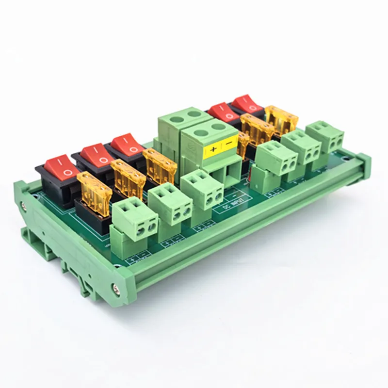 DIN Rail Mount 6 ChannelDC Power Distribution Module Red Rocker Switch Fused Pluggable Wiring Terminal Block