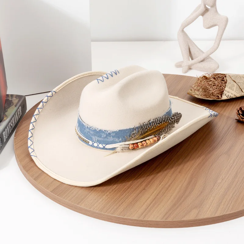 

USPOP Spring Autumn Western Cowboy Hat for Women Men Vintage Felt Wide Brim Hat with Feather Western Style Party Fedora