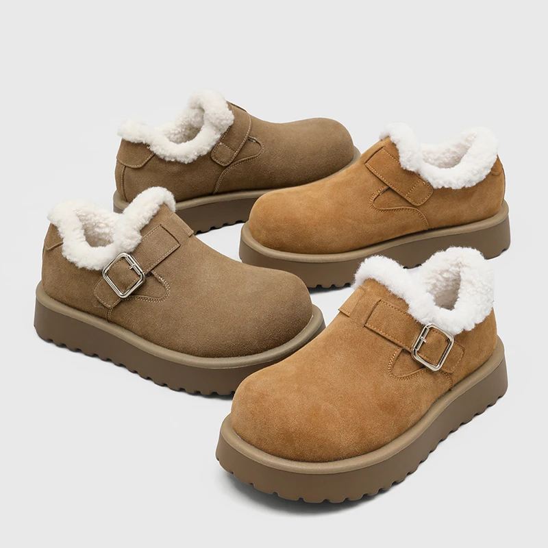 Men Warm Woolen Cotton Shoes Belt Buckle Height Increasing Anti Slip Comfort High-end Winter Plush Big Head Snow Boots