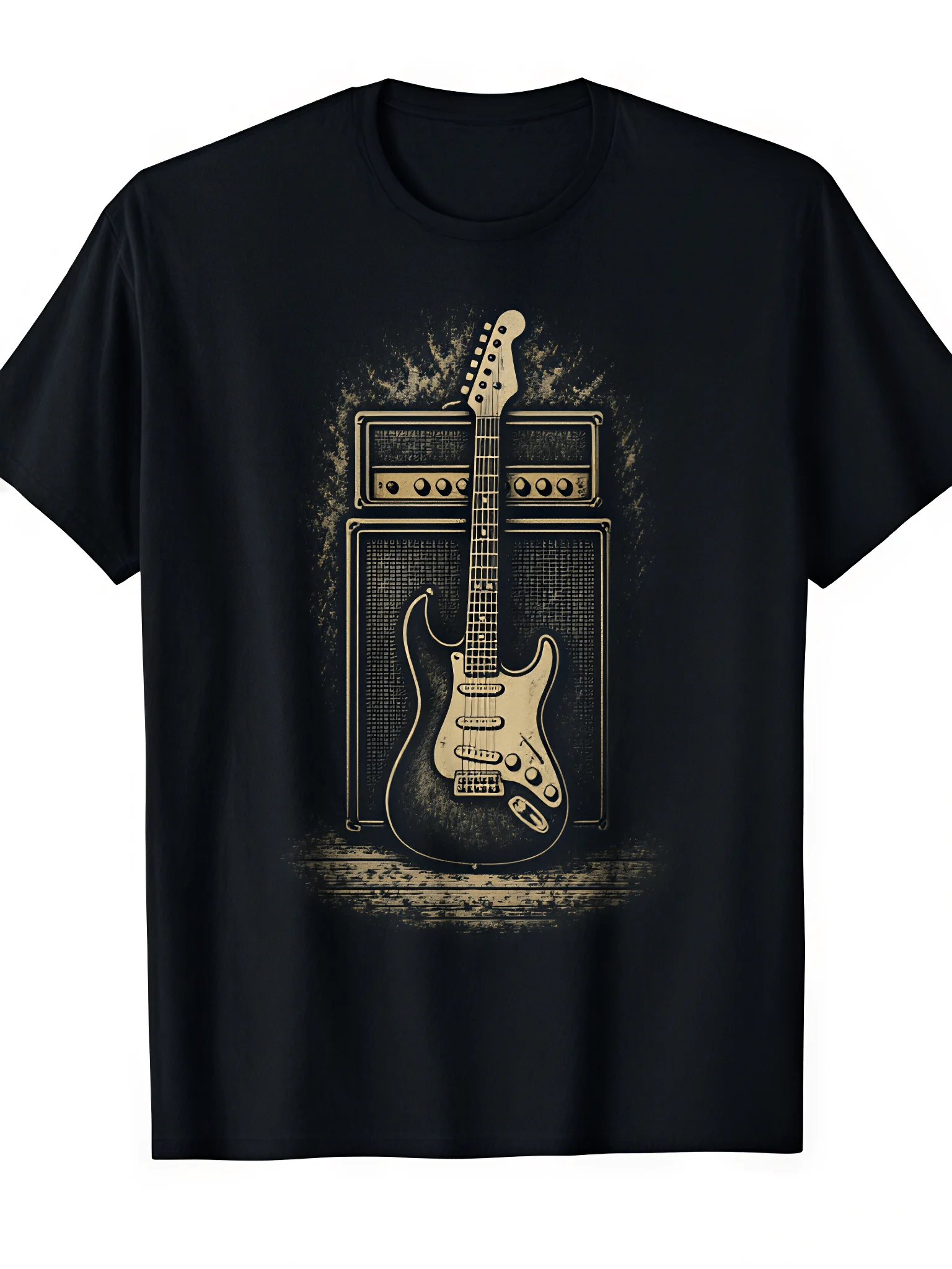 Men's shirt with Vintage Electric Guitar with Amplifier Classic Rock Graphic T-Shirt Casual Style, Crew Neck, Slight Stretch Fabric, Regular Fit