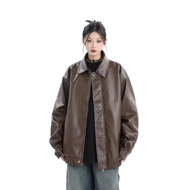 Women's Jacket Loose Long Sleeves Brown Lapels Zipper Leather Jacket Autumn Winter Casual Tops Black PU Leather Motorcycle Coat
