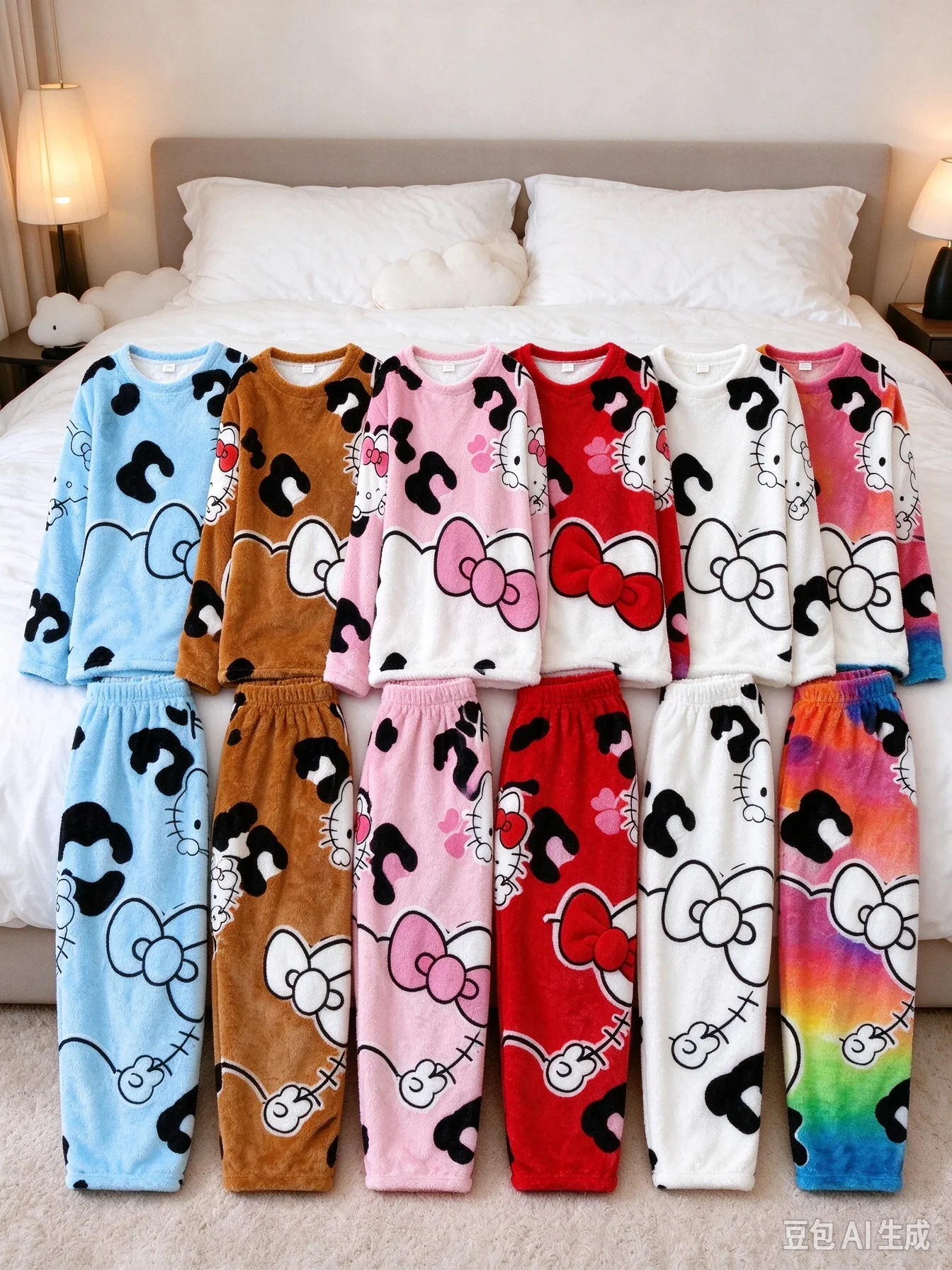 Hello Kitty Cow Print Bow Cartoon Print Coral Fleece Pajama Set Soft Loose Winter Unisex 2Pcs Loungewear FamilyMatching