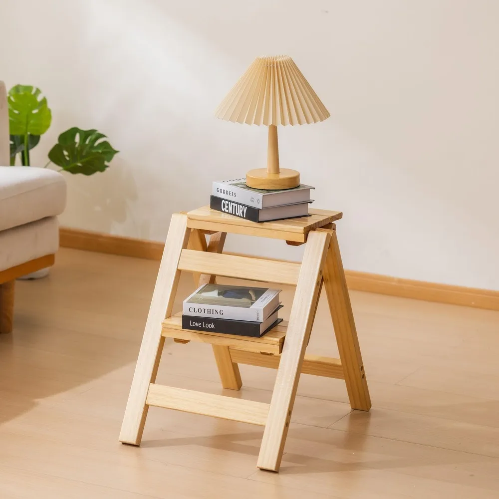 

Wooden Step Stool, Foldable 2 Step Ladder, Solid Wood Ladder Stool for for Home, Kitchen & Garden