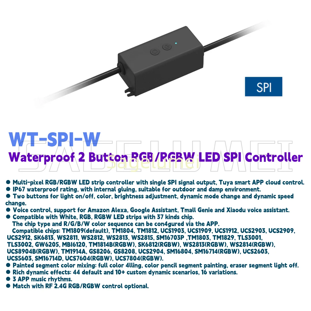 IP67 Waterproof 2 Button RGB/RGBW LED SPI Controller 5-24VDC WT-SPI-W LED Dimmer For LED Strip Room Decoration Dimmable 12V~24V