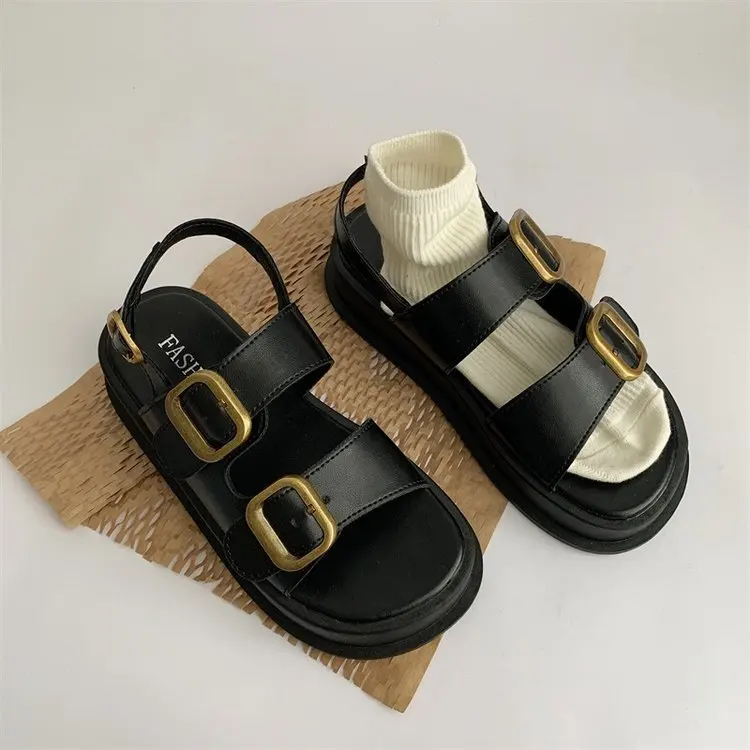 2024 New Summer Buckle Platform Thick-soled Sandals for Women Flat-soled Women\'s Shoes Soft-soled Fashionable Roman Shoes