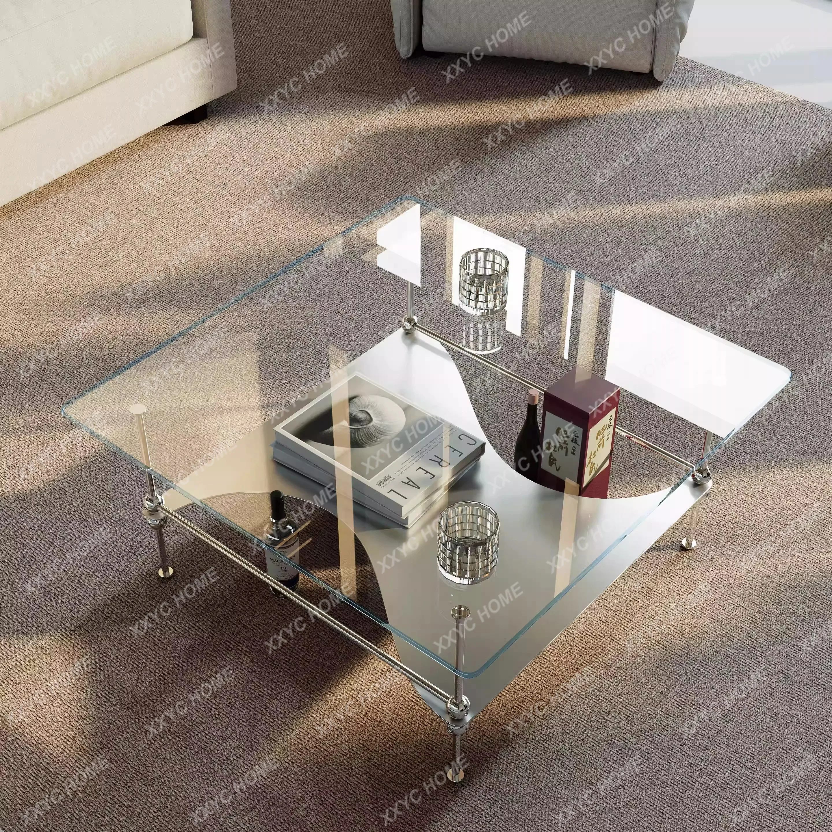 AAArc Stacked Square Coffee Table Ultra White Tempered Glass Metal Versatile Minimalist Medieval Bauhaus Style Side Table
