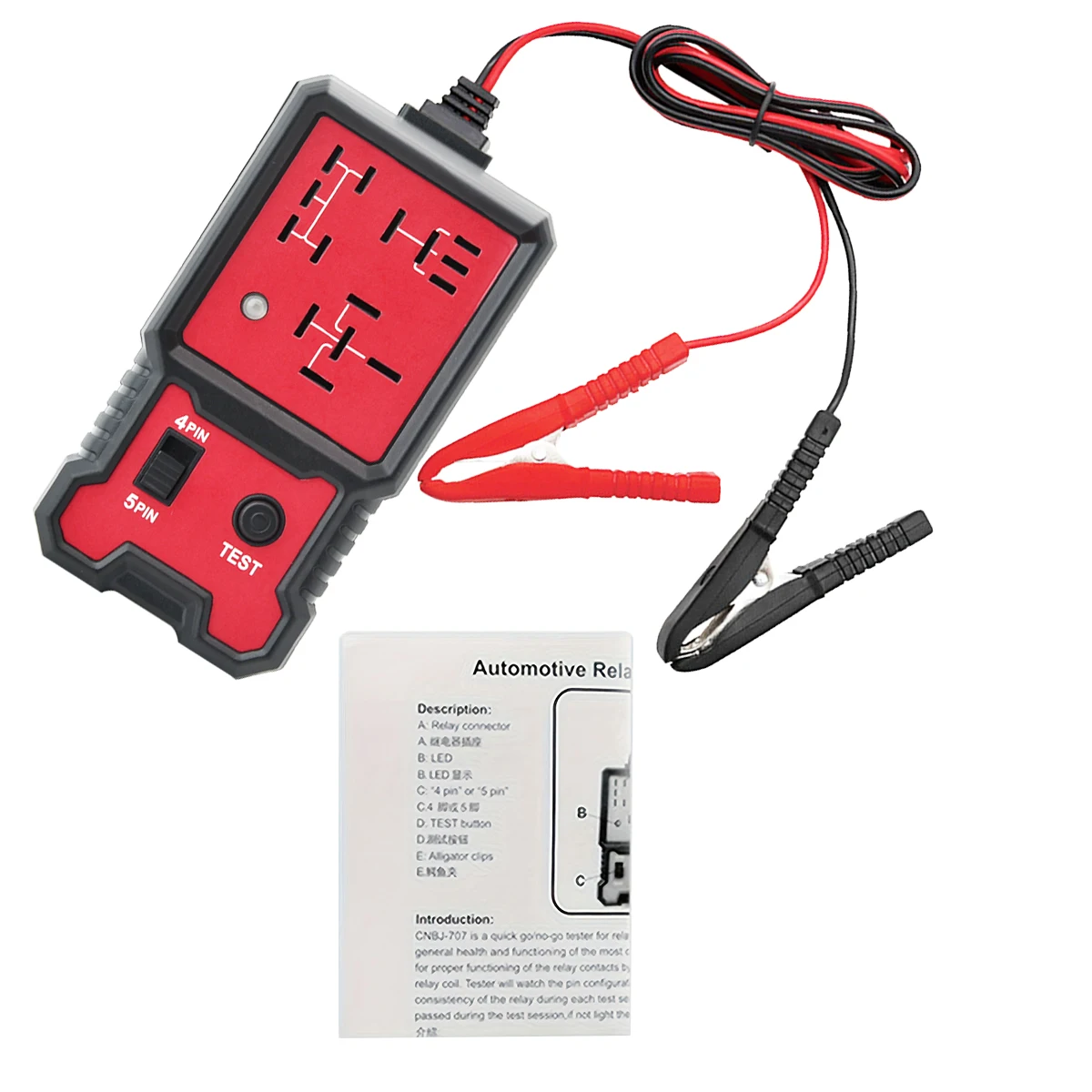 Auto Relay Tester for 12V - Durable Car Diagnostic Tool with Battery Clips, Fits 4-Pin & 5-Pin Relays