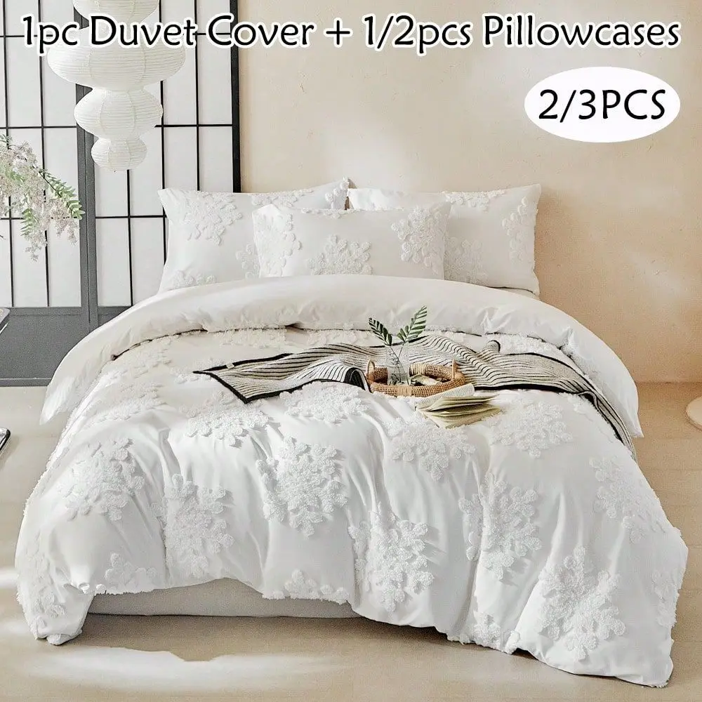 

3pcs White Bohemian Style Tufted Duvet Cover Set, Minimalist Snowflake Pattern Polyester Jacquard Bedding Set, Suitable For All