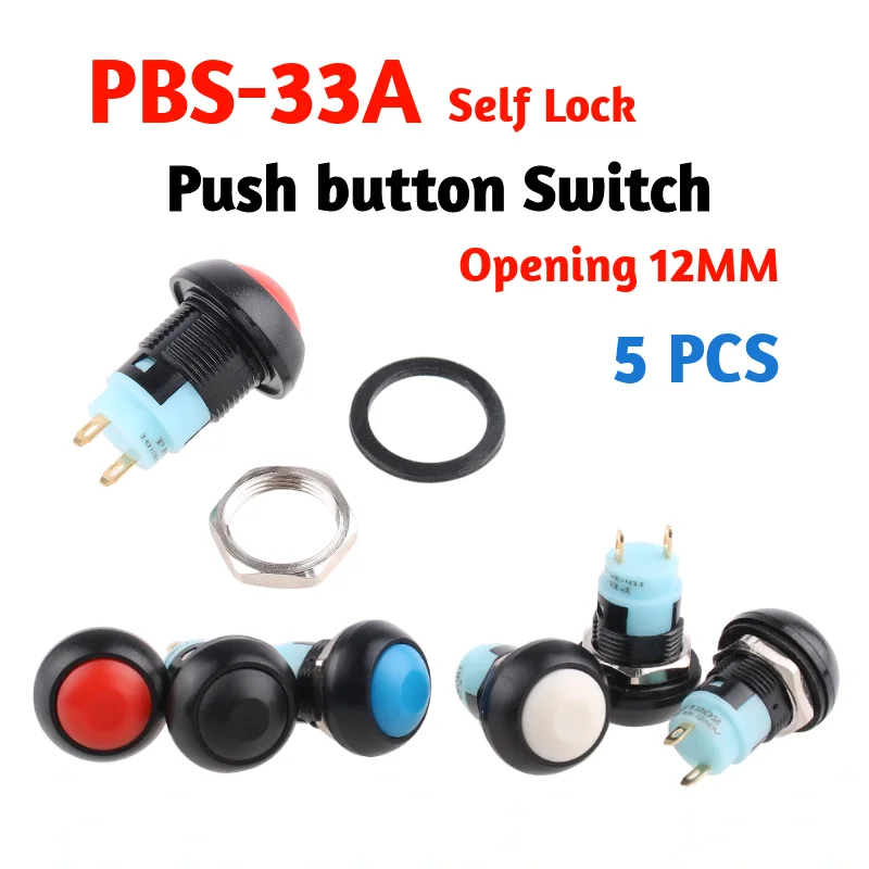

5 PCS,Mini Round Push Button Switch,PBS-33A Self-Locking,2Pin,12mm,3A 250VAC/1A 125VAC,Electrical Equipment