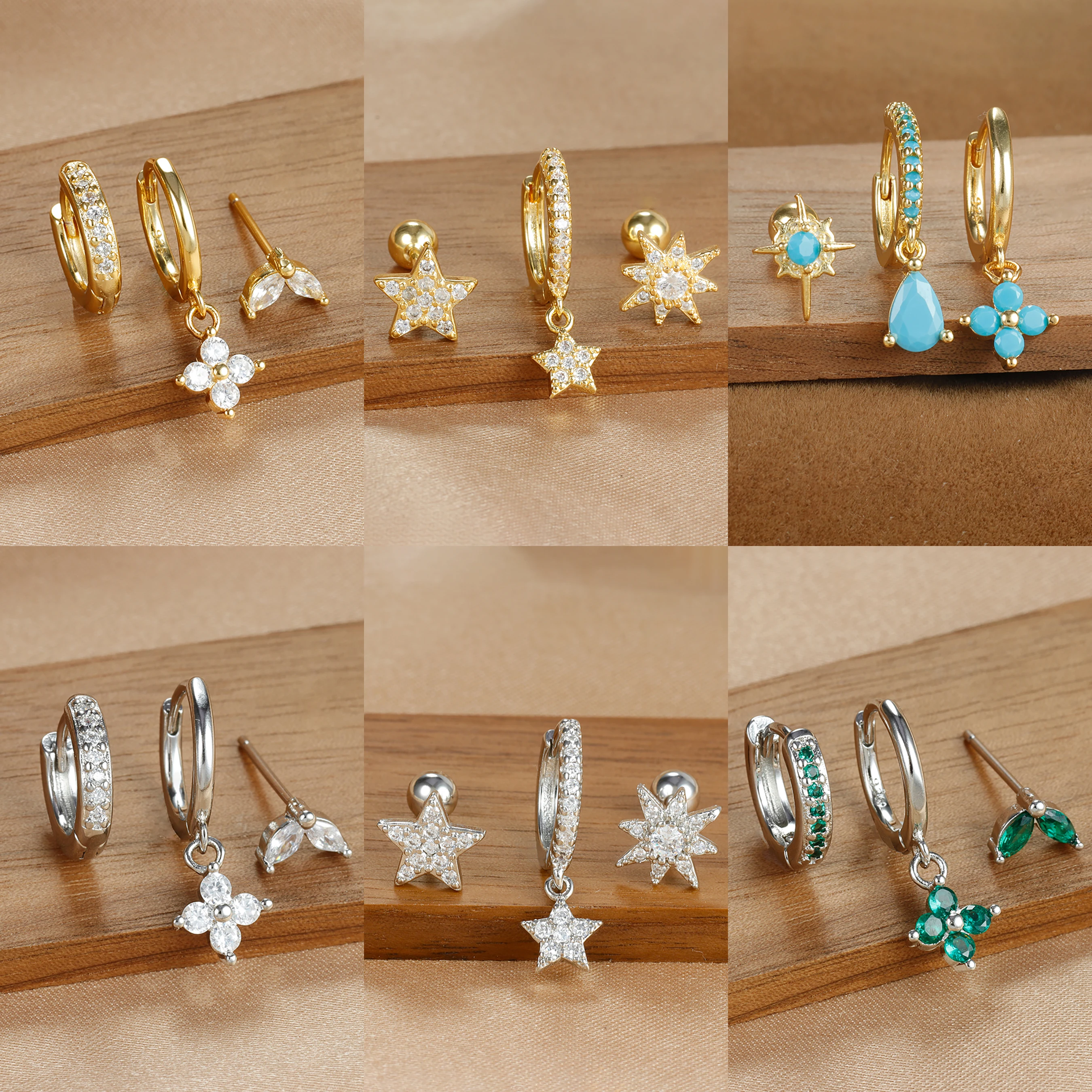 Conjunto de pendientes de estrella y flor para mujer, aretes de aro pequeños de circonita de acero inoxidable coreano, joyería de moda, 3 uds.