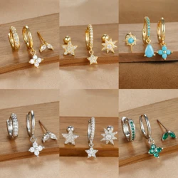 3PCS Star Flower Earrings Set for Women Korean Stainless Steel Zircon Huggie Small Hoop Earring Fashion Jewelry pendientes mujer