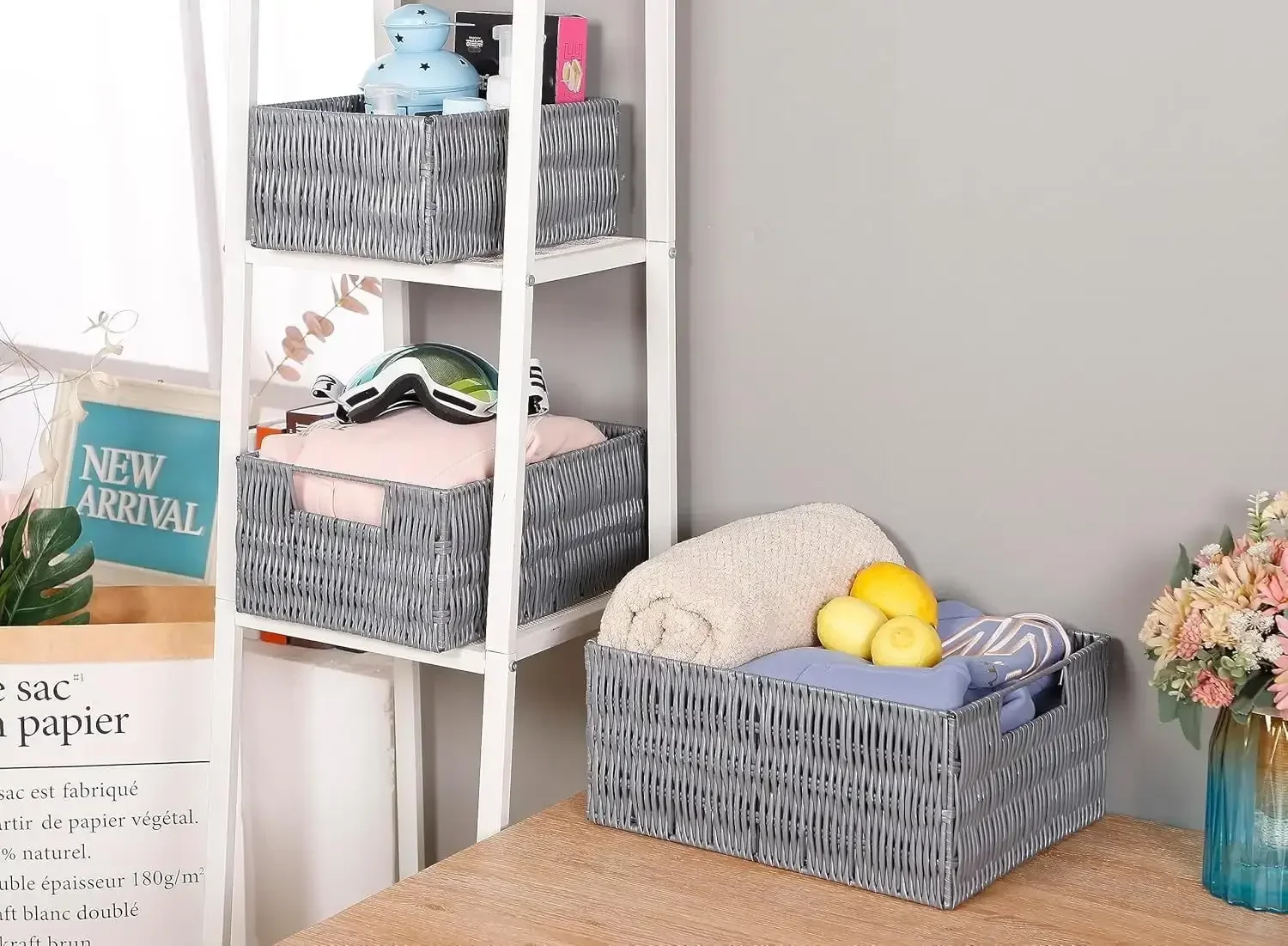 

Rectangular wicker storage basket for storage rack, storage rack, finishing rack waterproof woven storage rack, gray, 3 Pack.