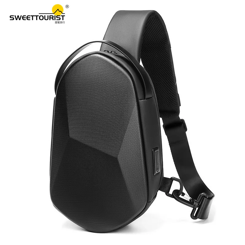 12 inch Fashion Men Woman Hard Shell Chest Bag Solid Color Casual Shoulder Bag Street Trend USB Charging Crossbody Bag