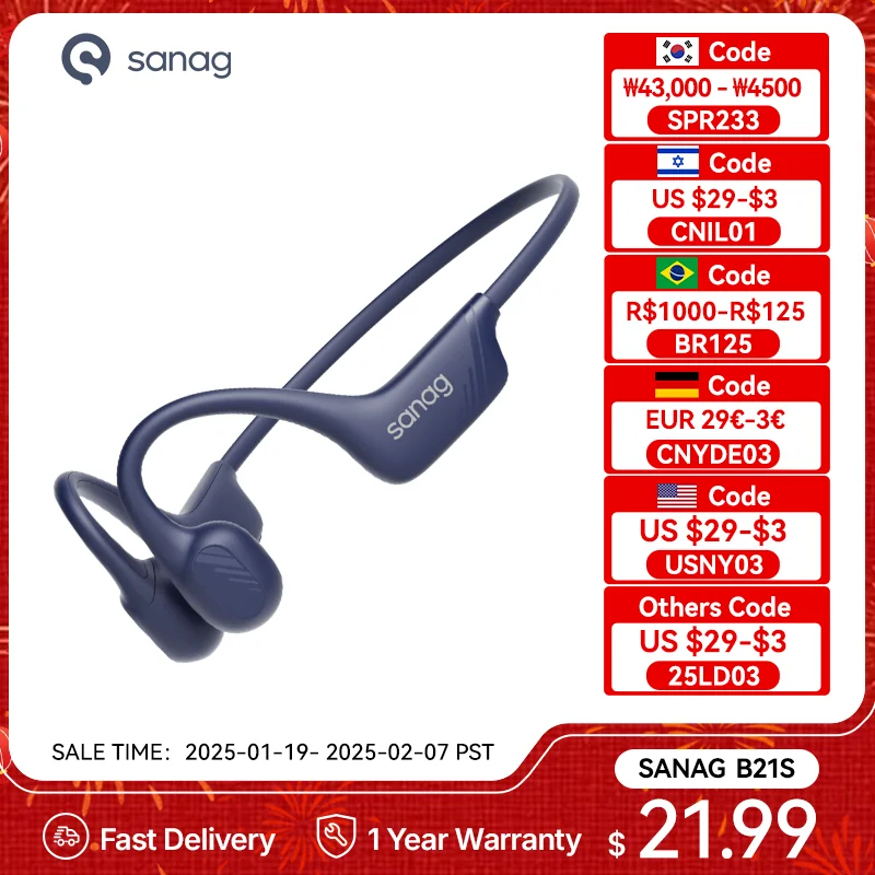 Sanag B21S True Bluetooth Bone Conduction Earphone HiFi Powerful Bass Bluetooth 5.4 Headphones Sport Earbuds Wireless Headset