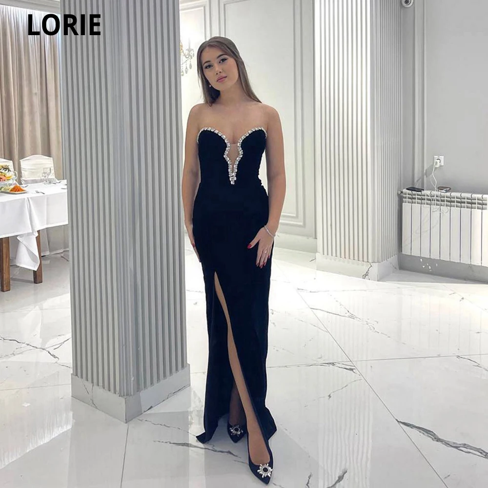 

LORIE Black Mermaid Evening Dresses Saudi Arabia Sweetheart Crystals Prom Gowns Leg Slit Formal Occasion Dresses Party Dresses