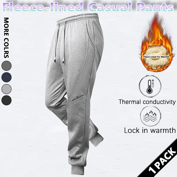 Men Fleece Lined Jogger Sweatpants, Thick Warm Fleece Inner Lining, Elastic Drawstring Waist, Small Handwritten Letter Print on Leg, Side Pockets, Rib Cuffed Ankles, Autumn Winter Sports Casual Trousers