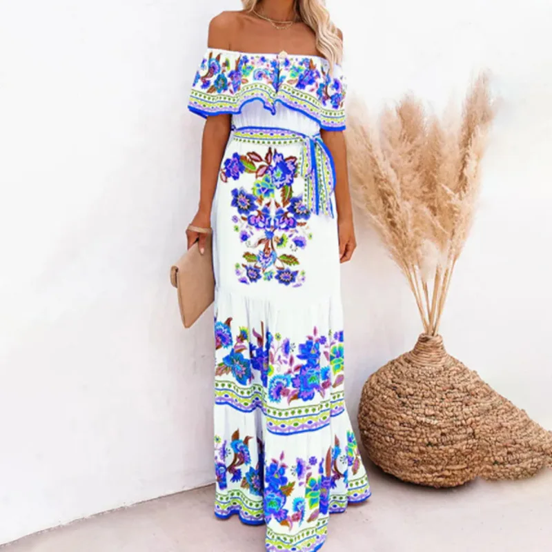 Long Dresses For Women Sexy Backless Bandage Ruffle Holiday Beach Dress Elegant White Floral Off Shoulder New In Dresses 2024