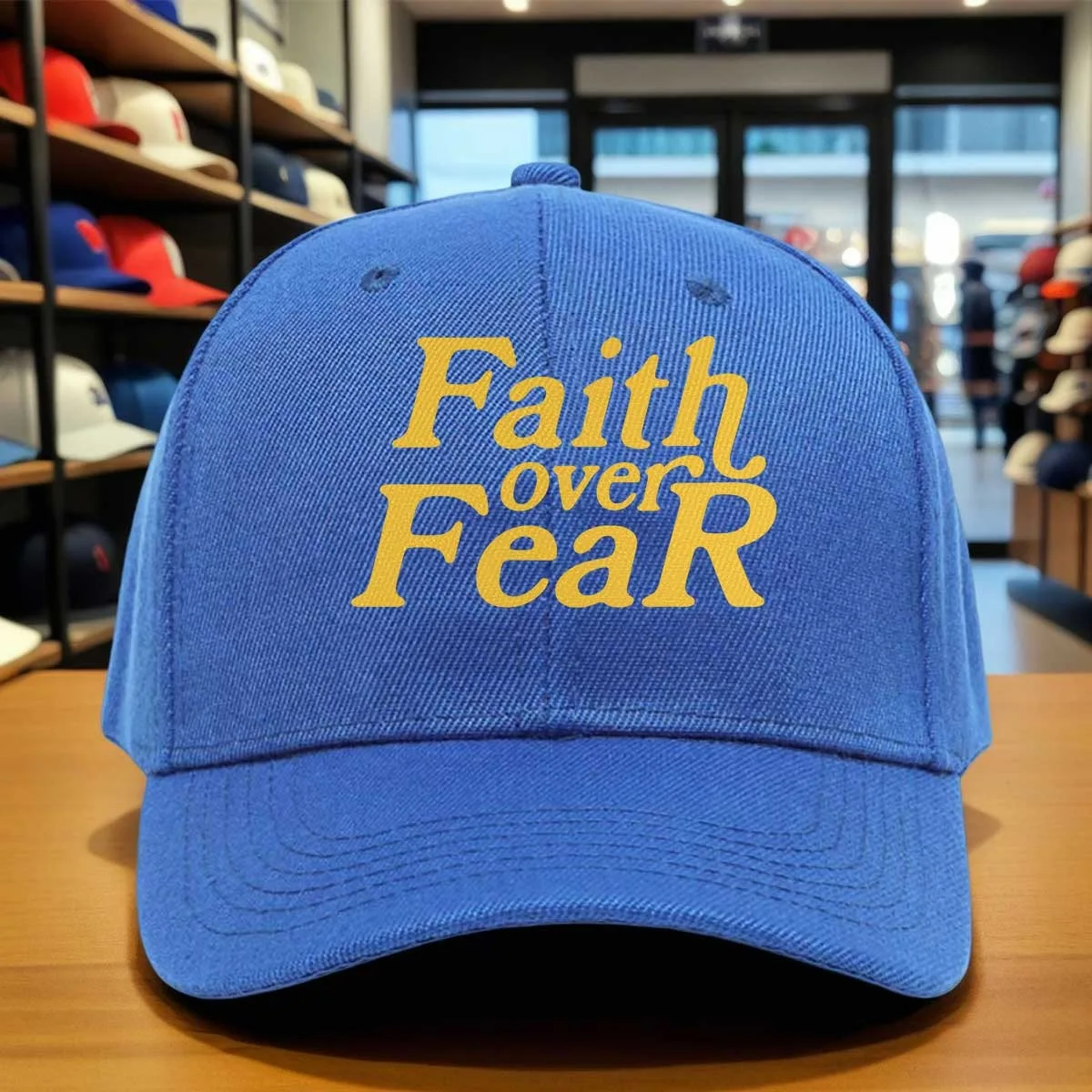Faith Over Fear Baseball Cap with Hook & Loop Closure, Yellow Lettering Suitable for,, Church, Graduation - Adjustable Round Cap