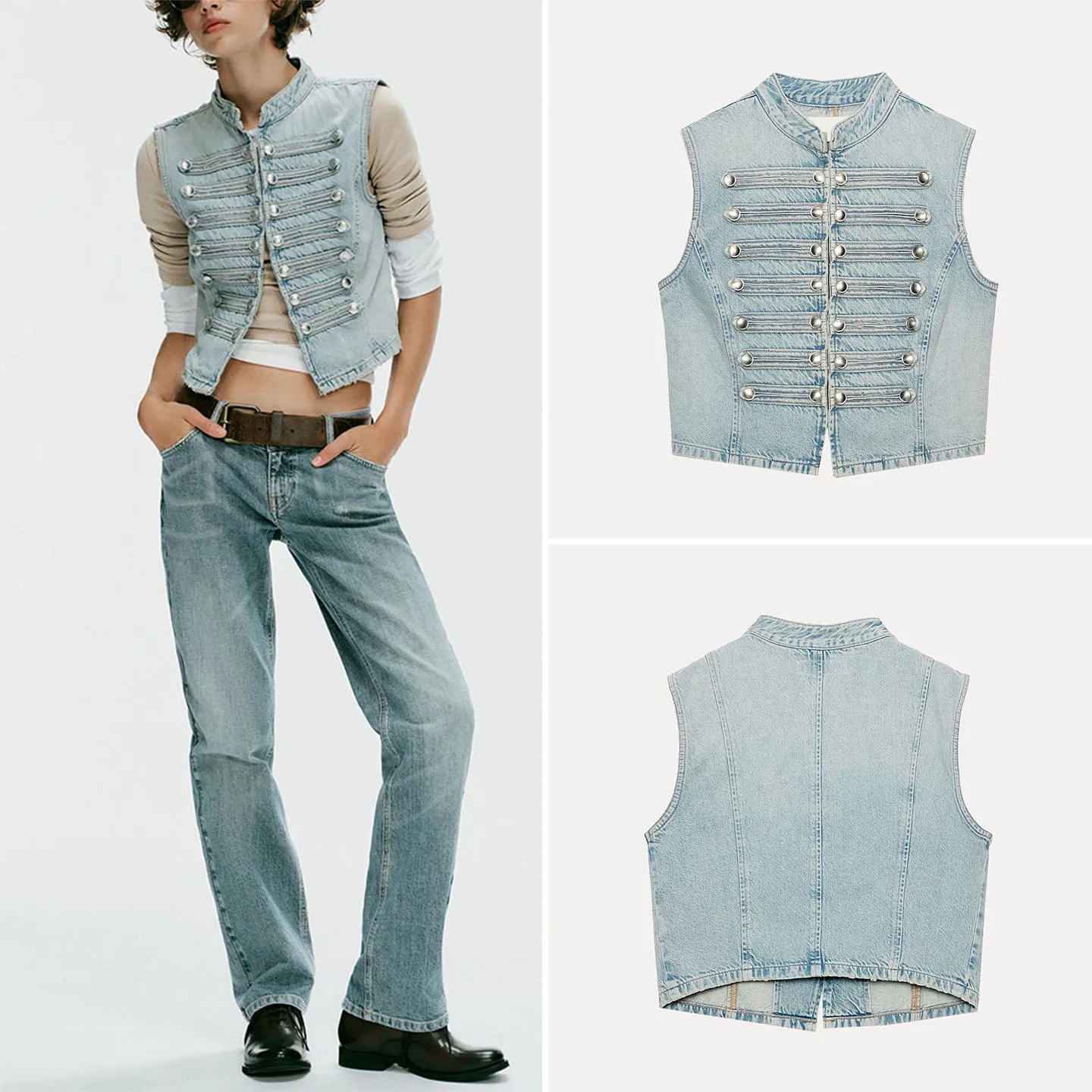 Women's Denim Sleeveless Vest 2026 Autumn Fashion Button Decoration Outerwear Short Length Stand Collar Single Button Closure