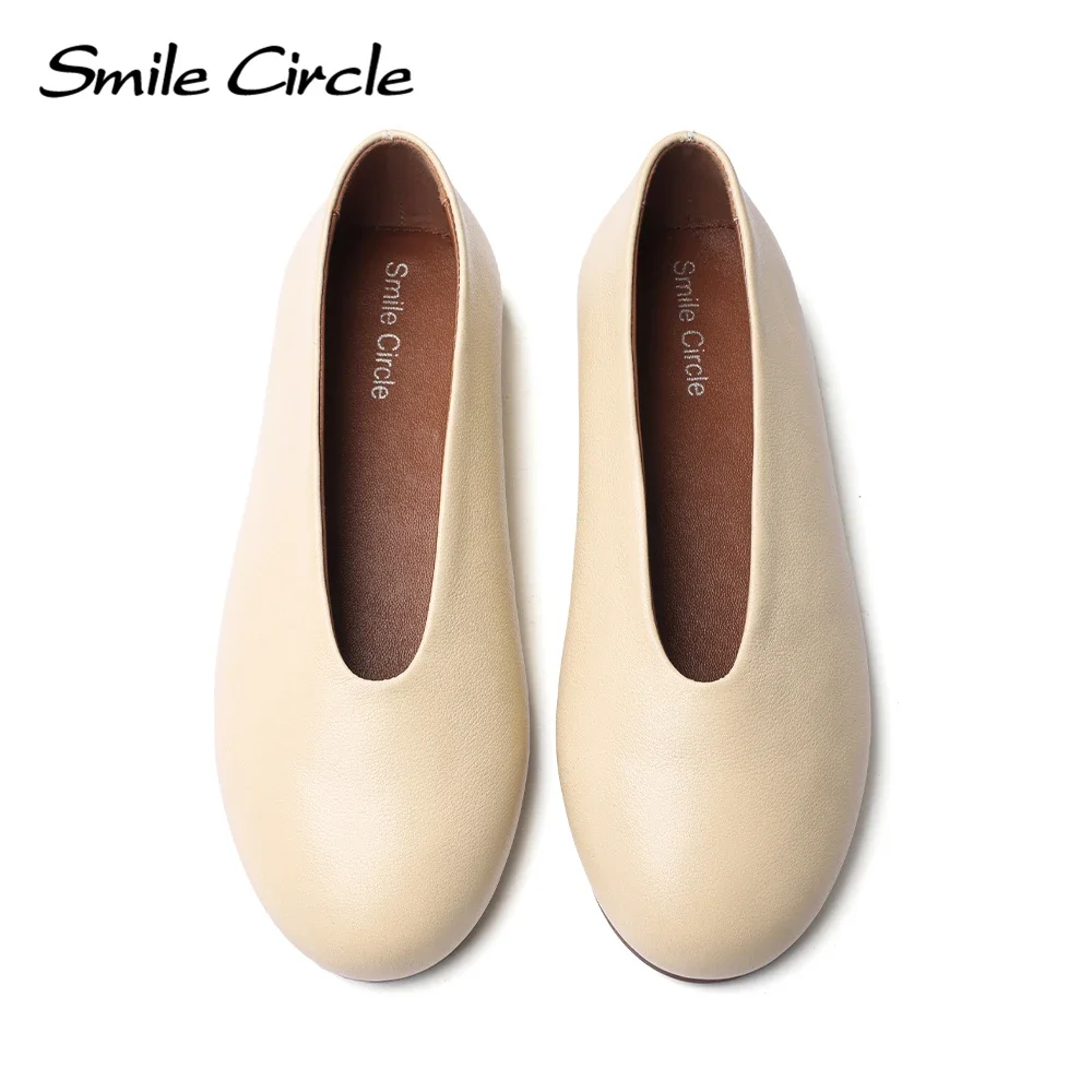 Smile Circle Leather Ballet Flats Women Simple and Comfortable Round toe Flats Shoes Beige/Black/White