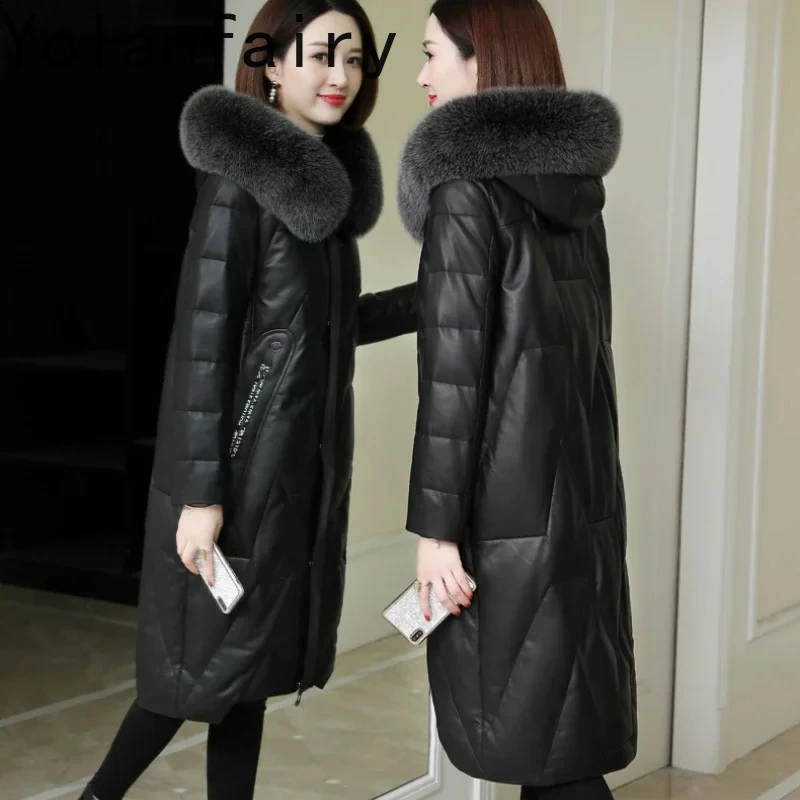 

Genuine Sheepskin Leather Jacket for Women 2024 Autumn Winter Hooded Fox Fur Collar Mid-length Down Jackets Black Down Coats SGG