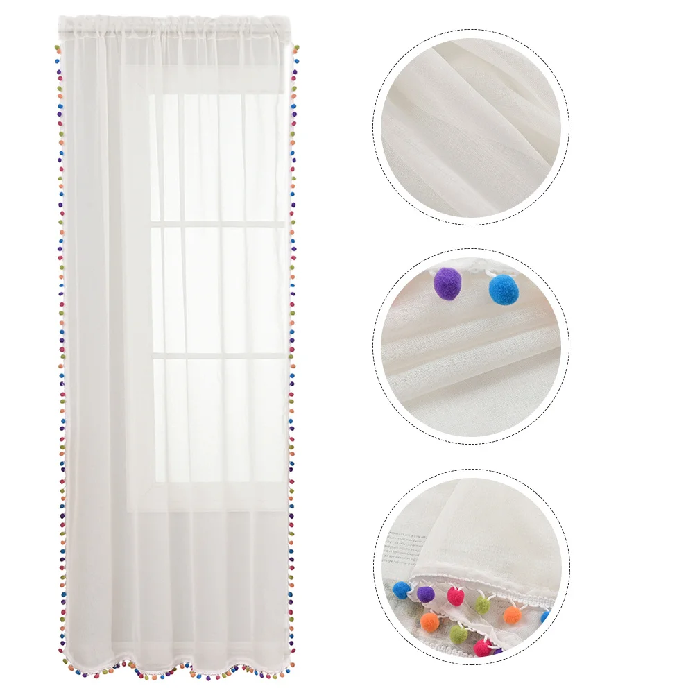 

Short Kitchen Window Curtain Polyester Bedroom Decorative Pompom Trim Home Curtains Kitchen Short Curtain