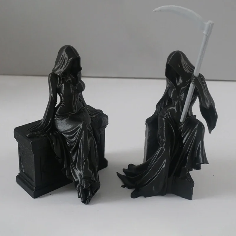 3D Printed Lady Grim Reaper Figurine Gothic Female Death Statue with Scythe Collectible Spooky Halloween Desk Decor