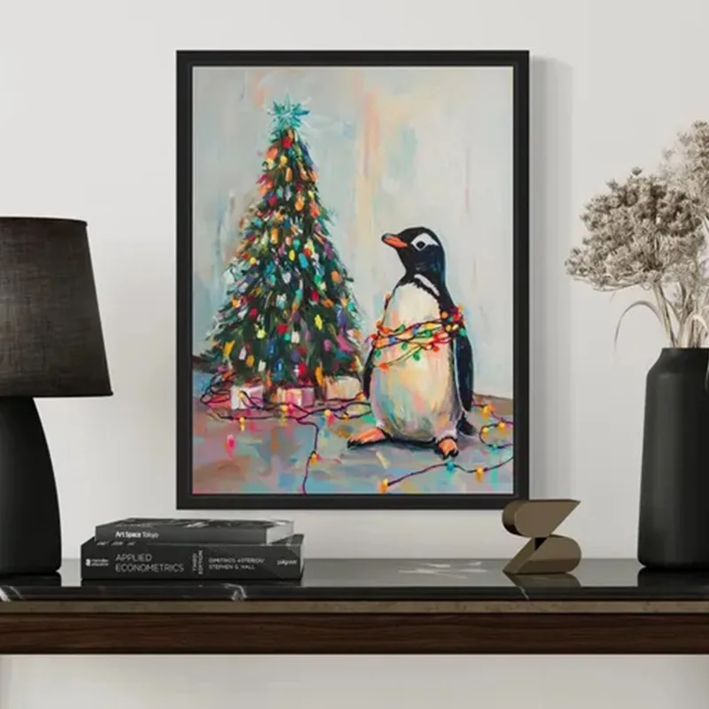 1pc frameless Canvas Painting Penguin Tangled in Christmas Lights Poster Art Print, Animals Wall Art Painting Decor, Holiday Sea