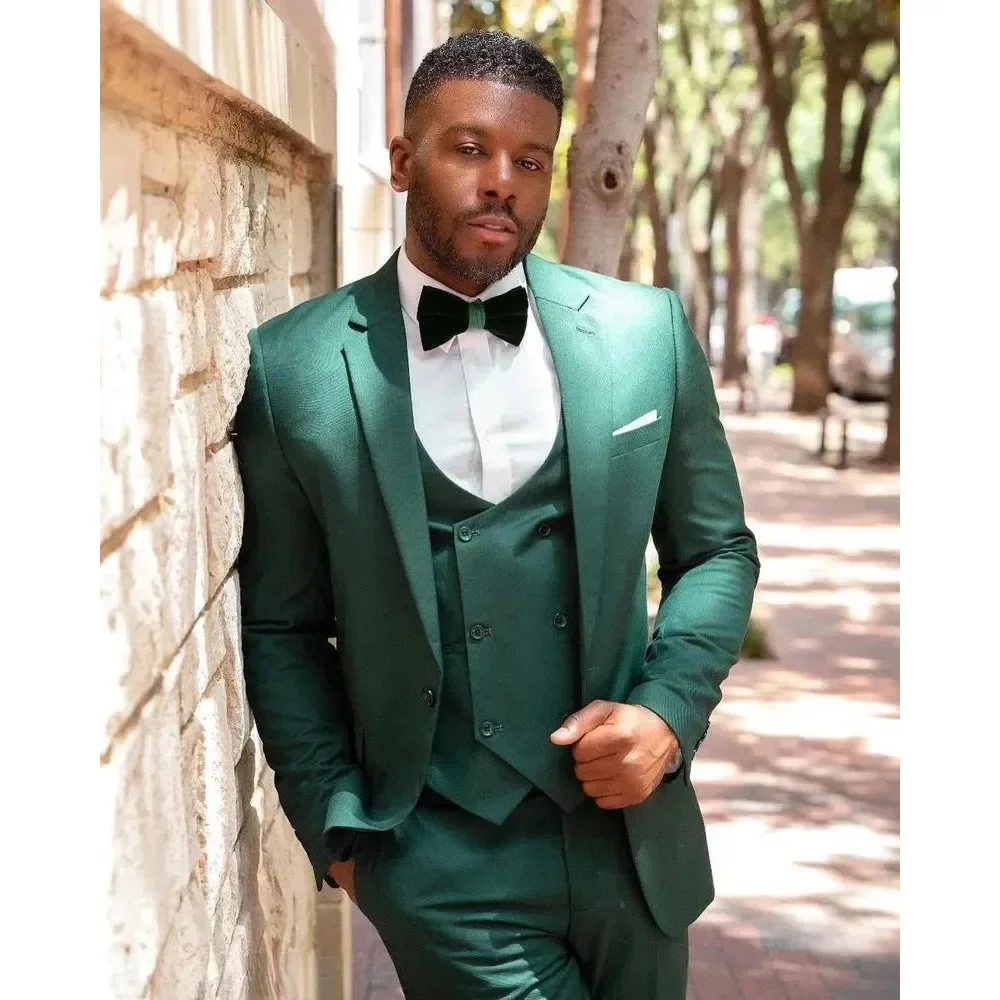 Green Notch Lapel Men\'s 3 Piece Jacket Pants Vest Male Clothing One Button Slim Fit Prom Party Full Sets High Quality Blazer