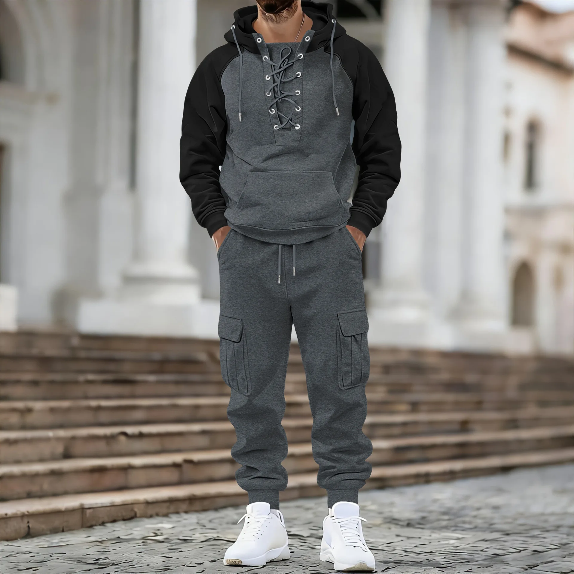 Herren Amerikanischer Oversize-Anzug mit Samtfutter Zweiteiliger Anzug mit Mehreren Taschen Arbeitskleidung Locker Sitzender Langarm-Oberteil und Hose Lässige Outdoor-Bekleidung – Detail 8