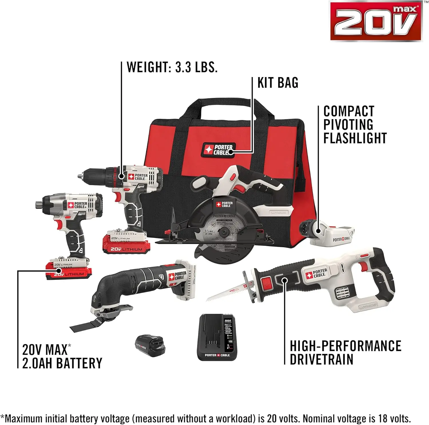 PORTER-CABLE PCCK617L6 20V MAX* Lithium Ion 6-Tool Combo Kit with Free USB Device