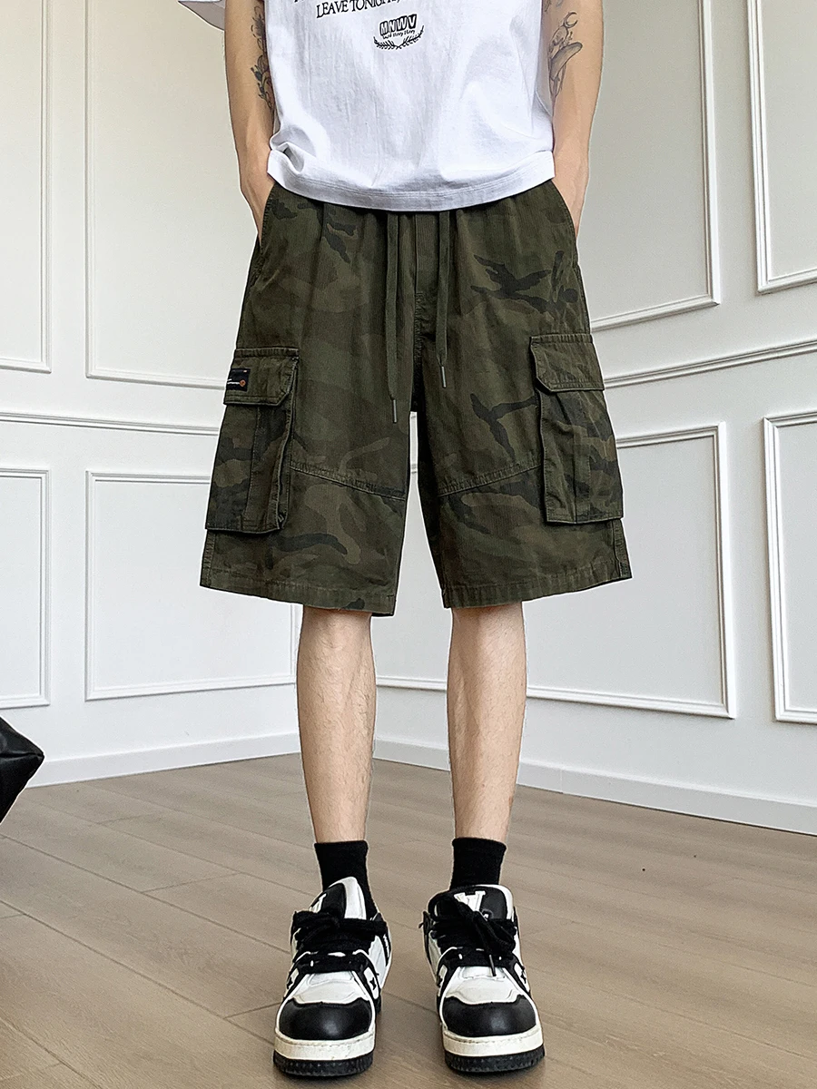 

Мужские летние свободные повседневные брюки-карго из чистого хлопка с камуфляжным принтом, большие размеры, модные, с множеством карманов, для отдыха, средней длины.