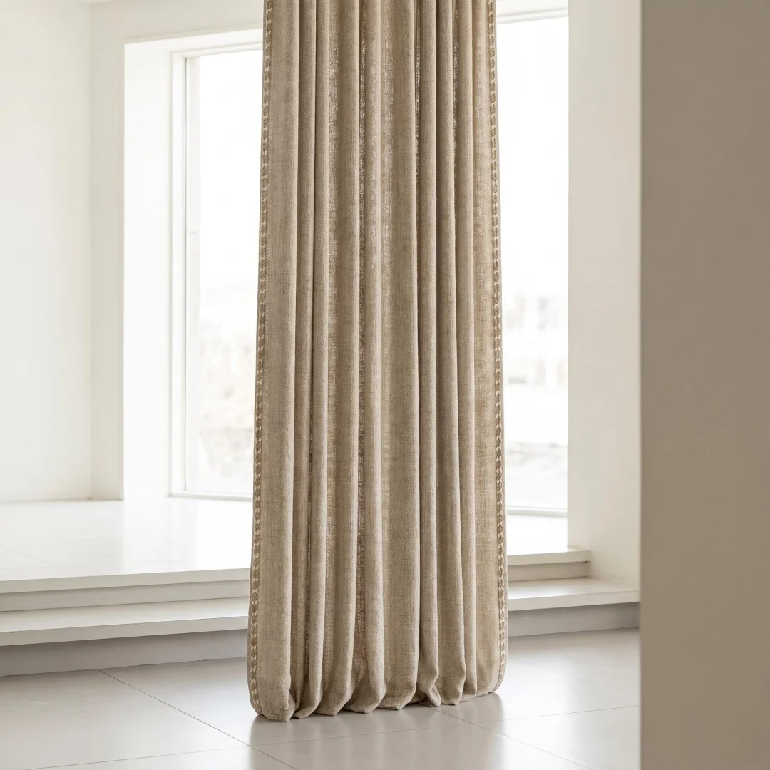 Light coffee texture cotton and linen curtains light luxury edge curtains Nordic simple master bedroom bay window
