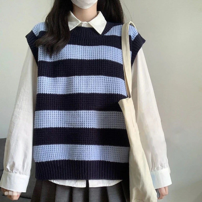 Two Piece Sets Women Kawaii Autumn College Fashion Striped Sweater Vests Simple Pure Vintage Classic Shirts Japan Style Outfits