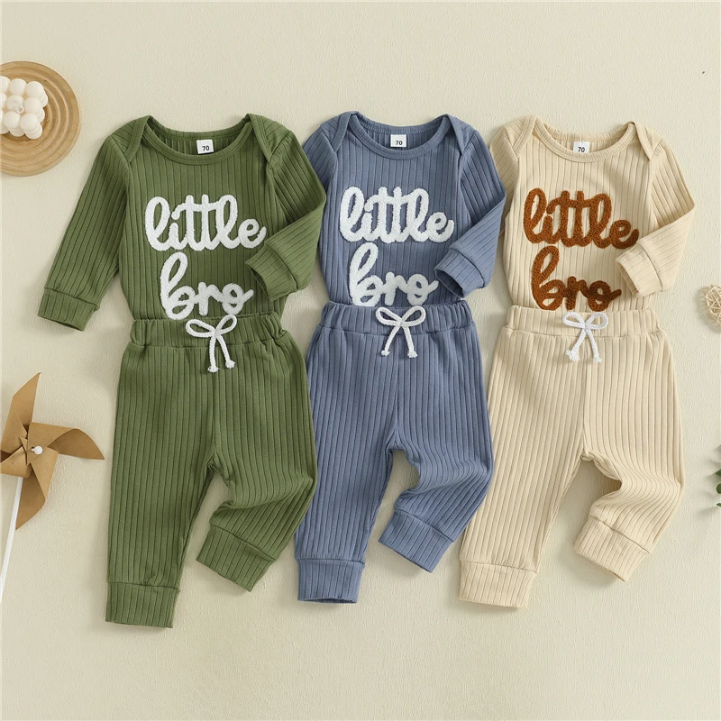 

Spring Autumn Newborn Baby Boy Clothes Letter Embroidery Long Sleeve Romper Solid Long Pants 2Pcs Cotton Outfit