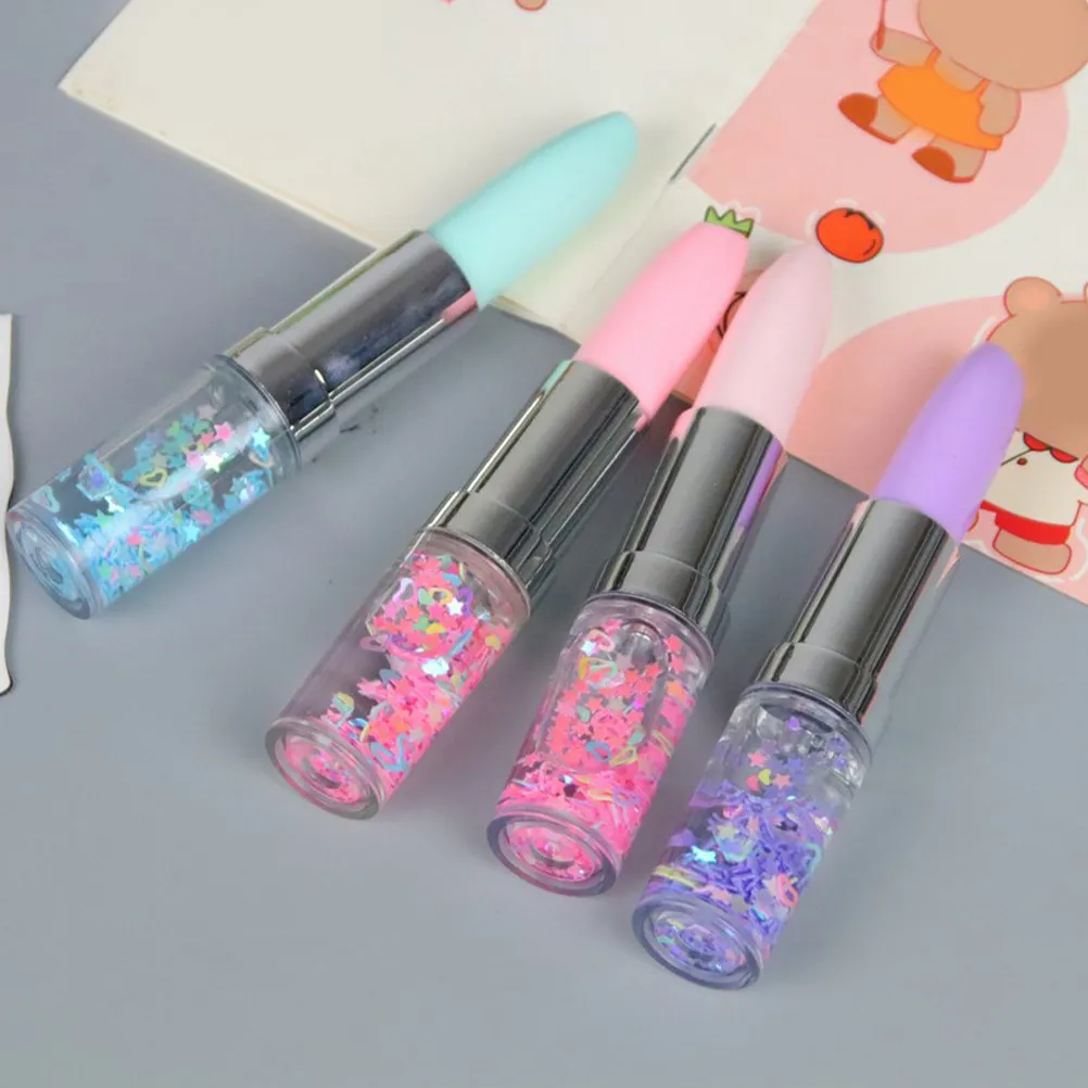 

4Pcs Lipstick Shaped Pens Plastic Gel Ink Smooth Flow Vibrant Colors Deep Pink Light Purple Creamy Blue Kawaii Party