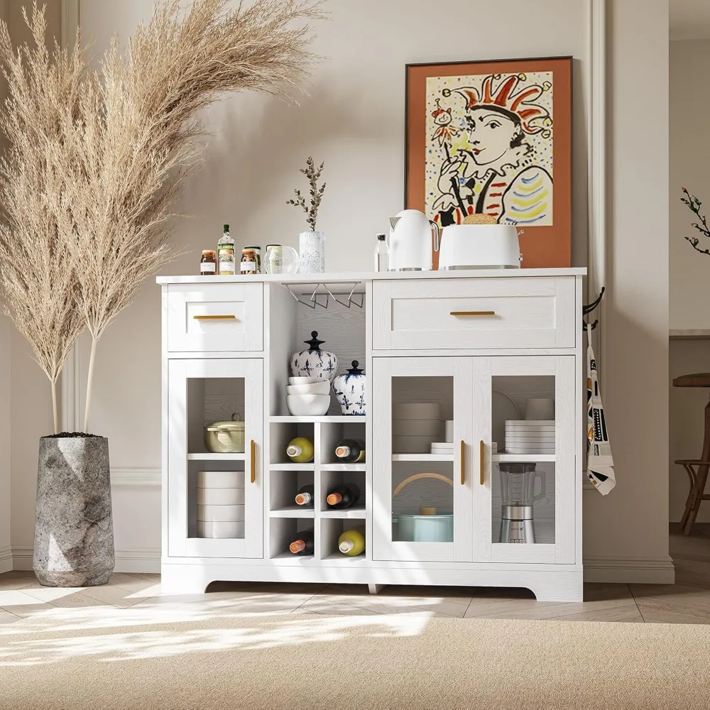 Modern Sideboard Buffet Cabinet with Storage, Wine Bar, Power Outlet, Glass Doors for Kitchen