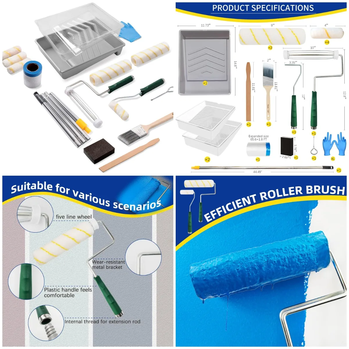 

18-Piece Paint Roller Kit with Extension Pole, 9' & 4' Frames, 6 Covers, Tray Liners, Angled Brush, Drop Cloth