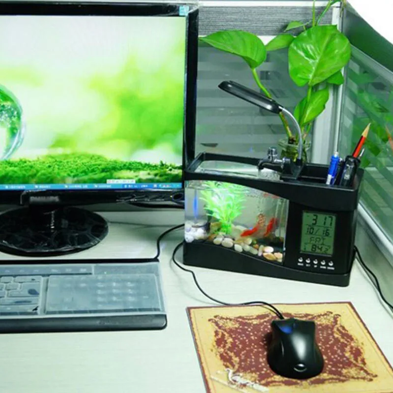 NUOVA lampada da tavolo USB mini ciotola per pesci rossi piccola acquario ecologico multifunzionale decorazione per ufficio acquario orologio luce notturna