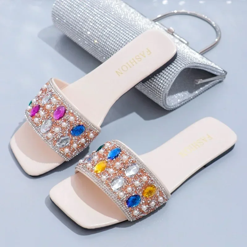 2024 New Fashion Versatile Solid Color Women\'s Slippers Temperament Rhinestone Decorated Open Toe Beach Shoes for Women Zapatos