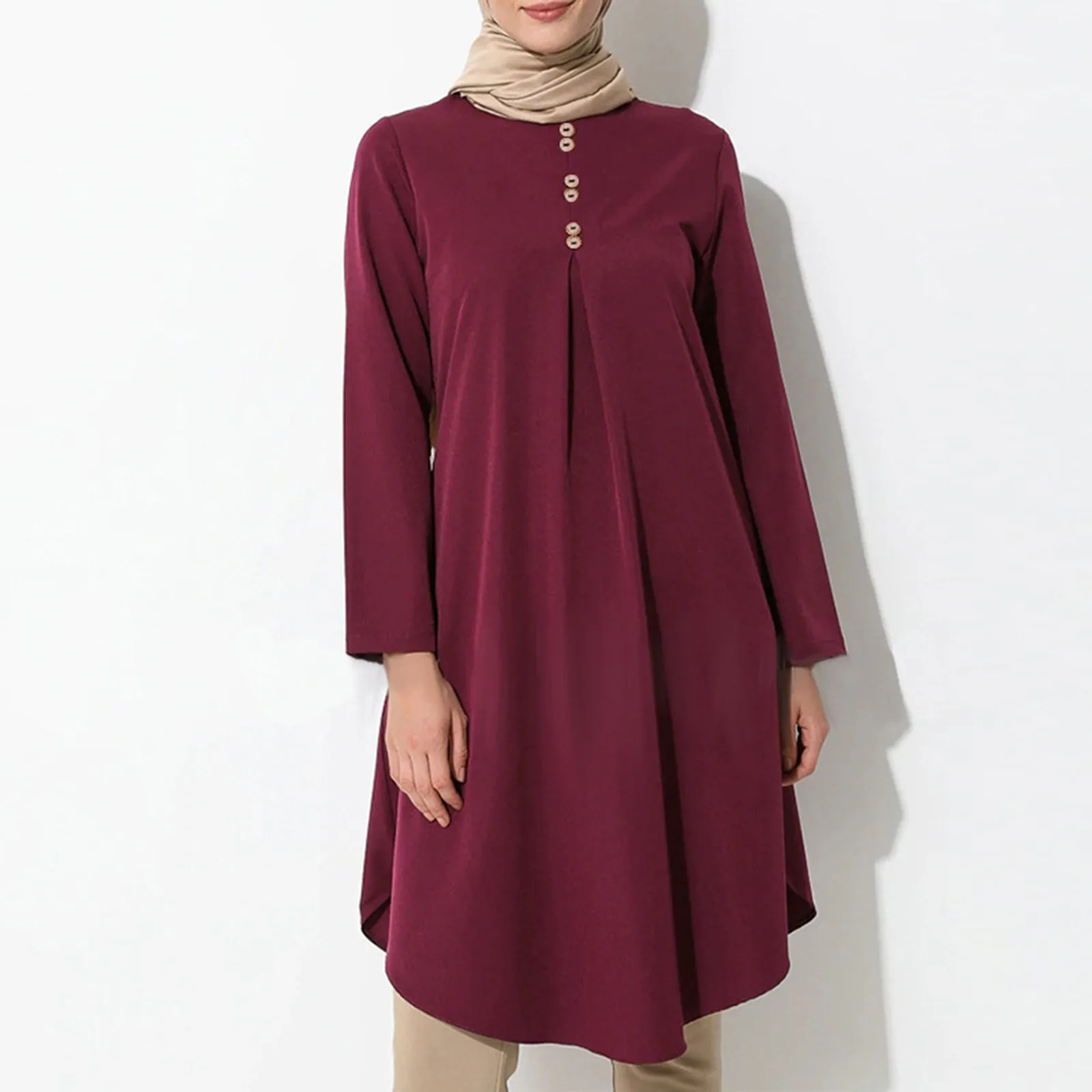 Women Muslim Solid Color Button Stitching Fashion Casual Dress Long Sleeve Prayer Clothes Knee Length Solid Women\'s Muslim Dress